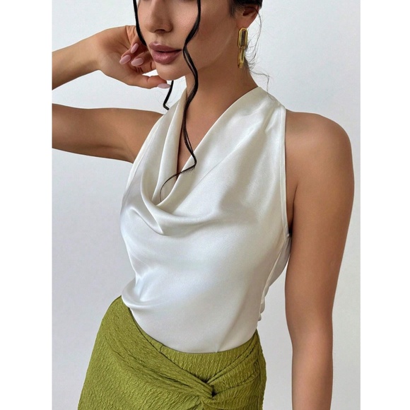 Off White Satin Halter Draped Tie Neck Sleeveless Blouse - Picture 5 of 8